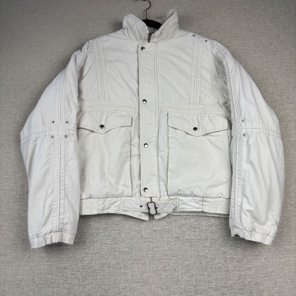 Vintage Grizzly Mens Large Off White Padded Bomber Jacket Studded Utility Belt